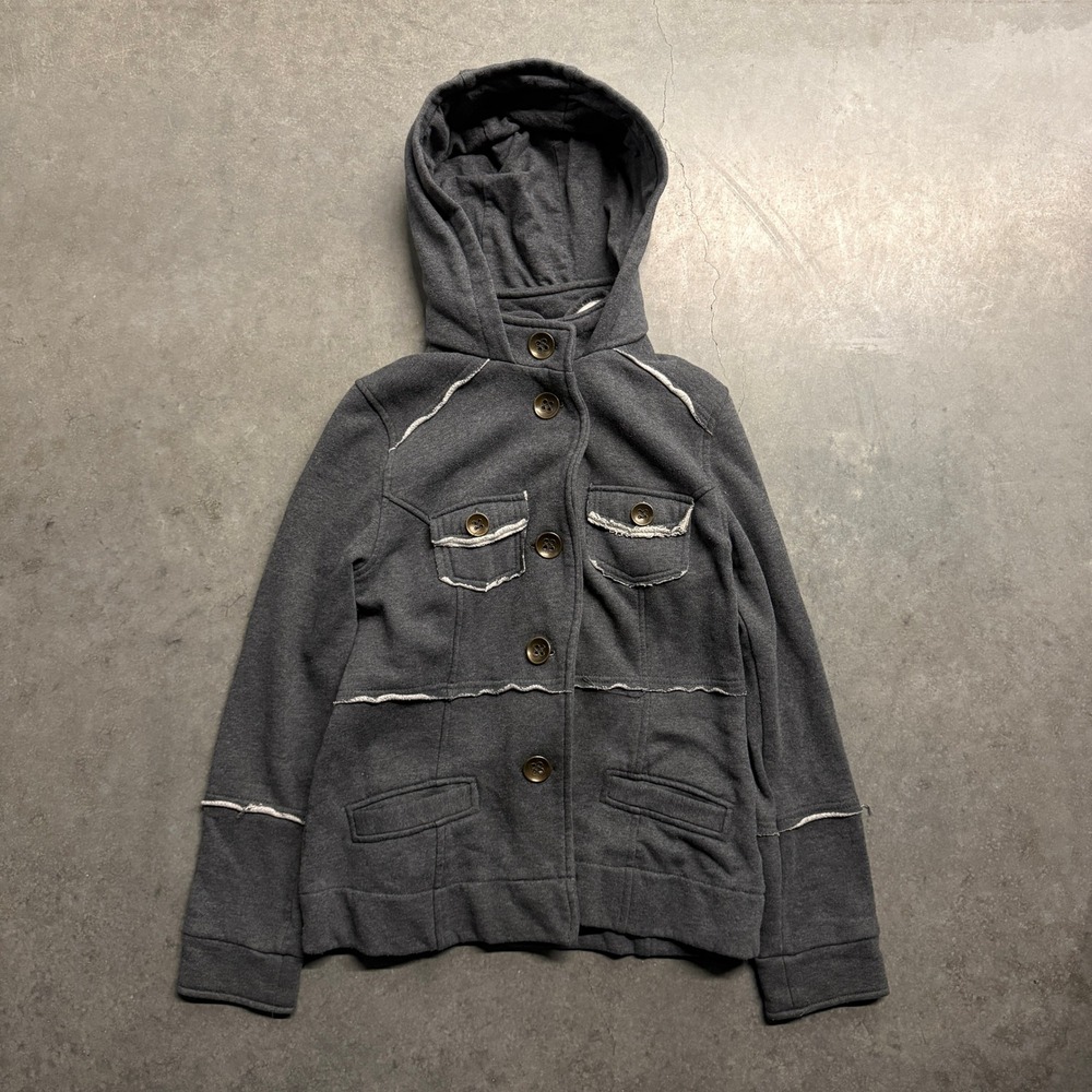 Mossimo Supply Co Gray Button Front Hooded Jacket Raw Edge Seam Utility Womens M